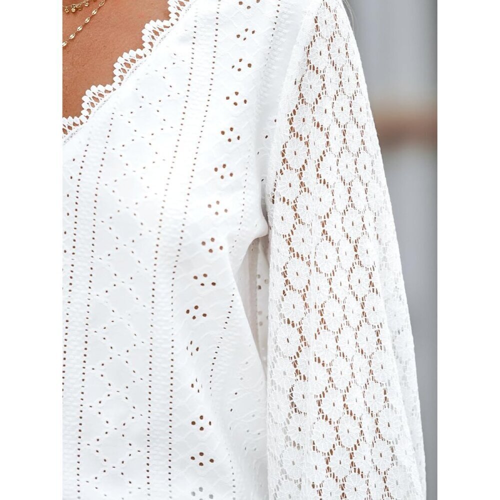 Long Sleeve Lace Top Women V-Neck Eyelet Scalloped Casual Blouse Small - Picture 4 of 6